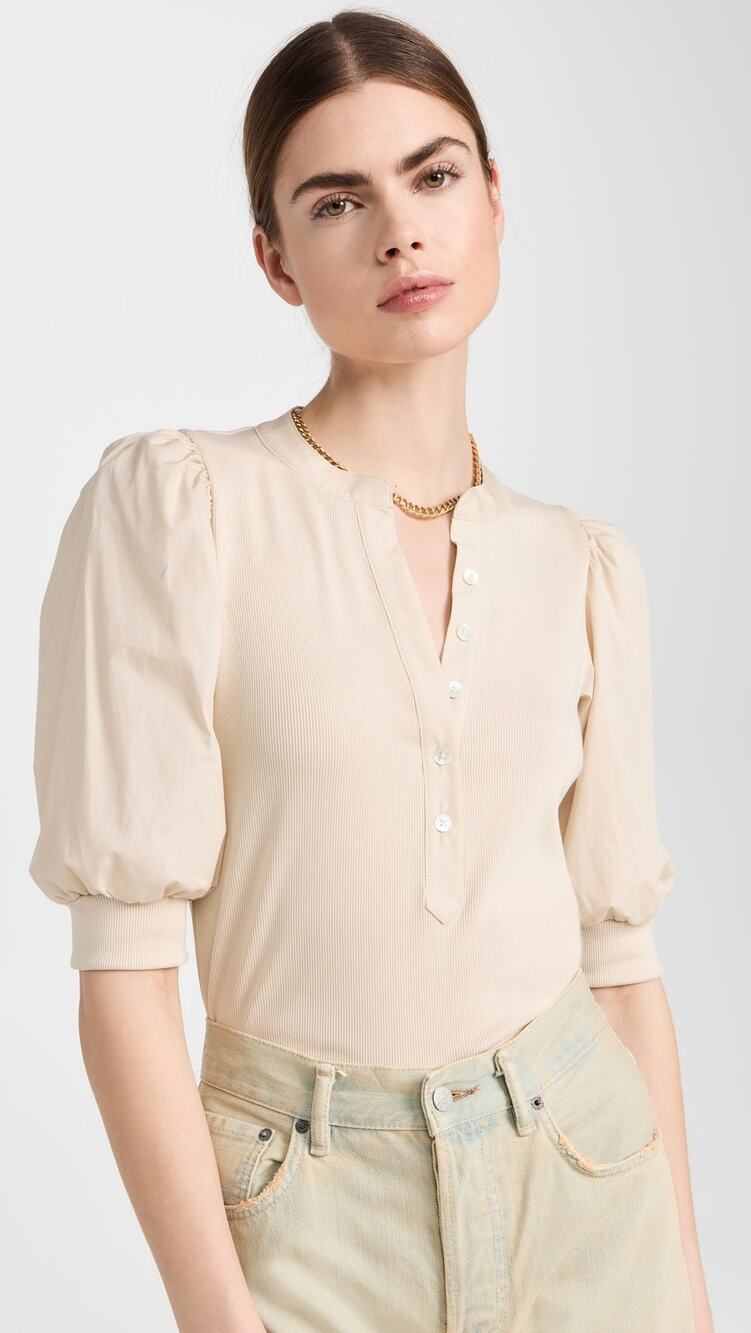 Veronica Beard Coralee Puff Sleeve Ribbed Henley Top Limestone Small
